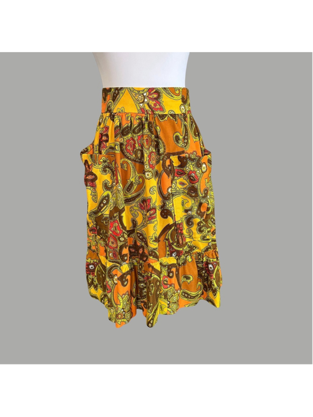 Vintage 70s Yellow Paisley Floral Circle Skirt